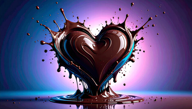Artistic splash of melted chocolate forming heart shapes mid-air over gradient background with soft glow and subtle Happy Chocolate Day text