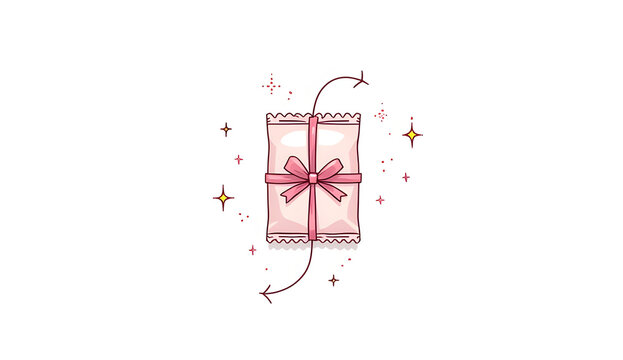 Flat thin-line drawing of a single condom packet with a ribbon tied in one corner and sparkle accents on white background, symbolizing romantic protection, care, and elegant wellness branding

