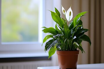 Peace Lily Plant in a Brown Pot, Bathed in Soft Indoor Light