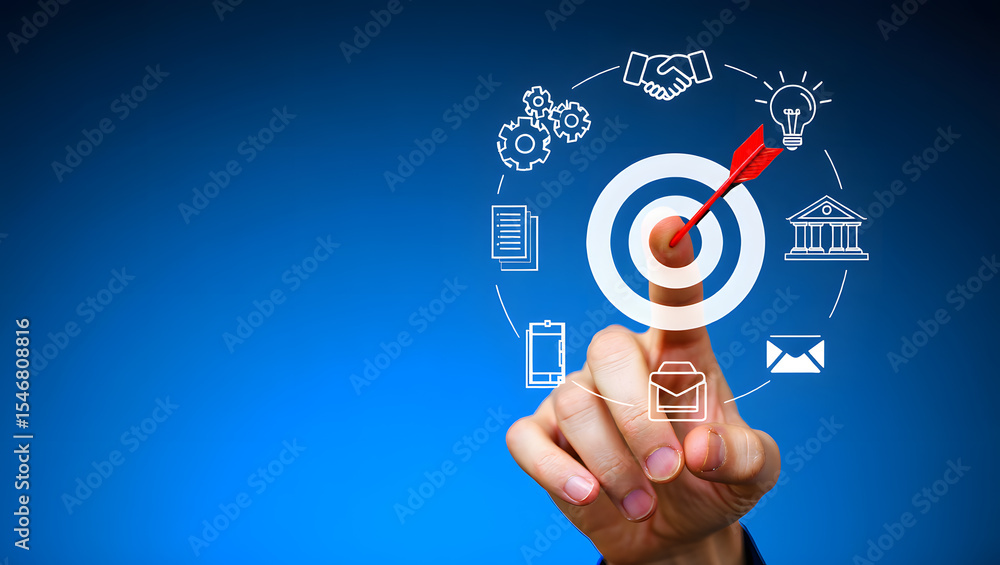 Poster achieving business goals a conceptual image of a hand touching a target with icons representing stra