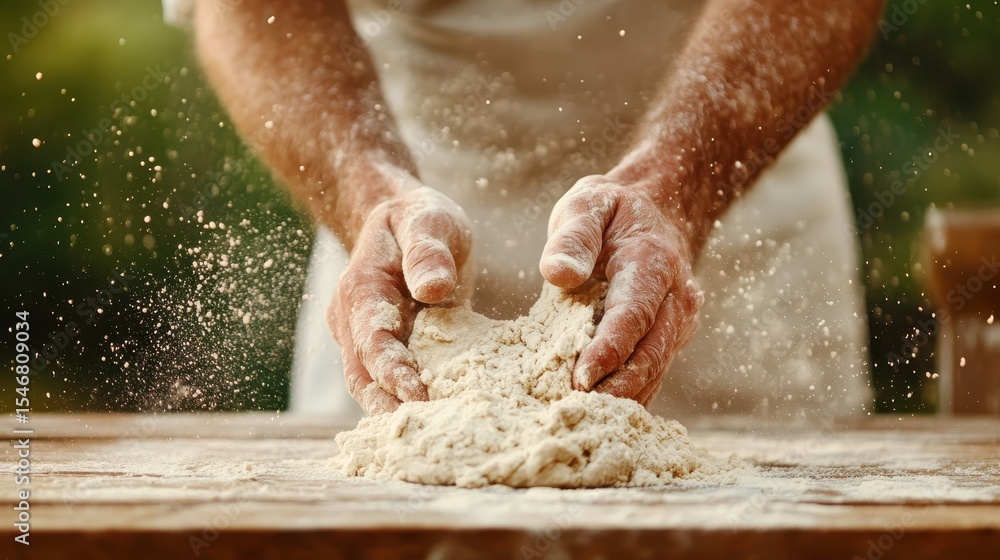 Poster this image captures a pair of hands skillfully kneading flour into dough, showcasing the art of baki