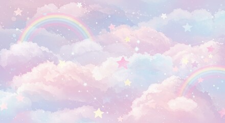 Pastel Rainbow Sky Dreamy Background, Watercolor Clouds, Stars Background