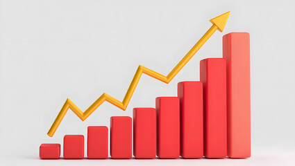 3D Render of a Bar Graph with Rising Golden Arrow Symbolizing Business Growth, Financial Success, and Positive Market Trends in a Modern and Abstract Visual Representation