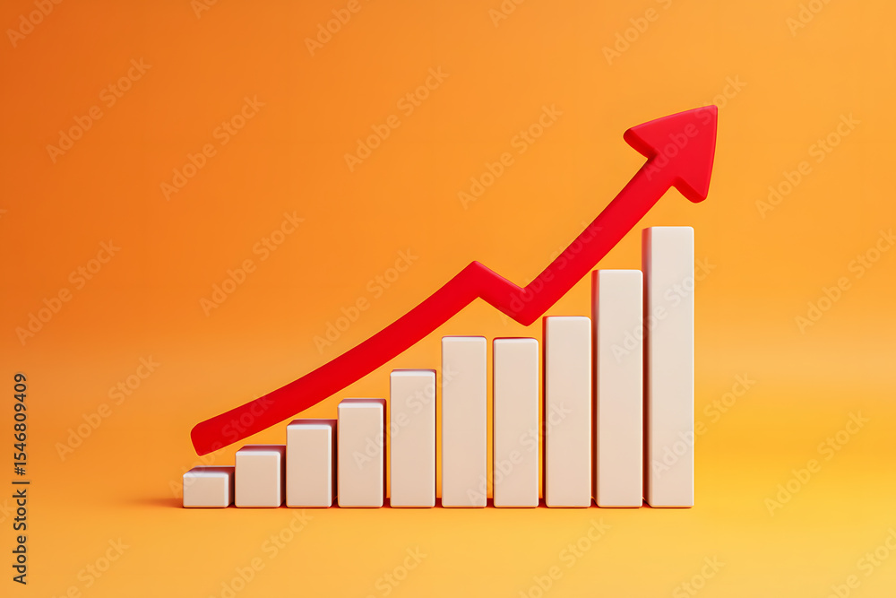 Poster dynamic upward trend bar graph with a bold red arrow on a vibrant orange background symbolizing grow