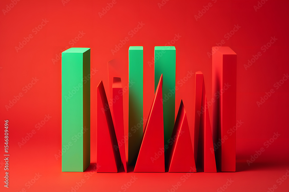 Poster abstract business performance visualization with green bars representing growth and red triangles re