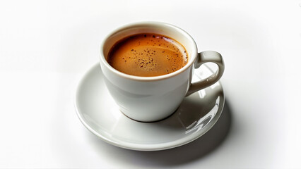 A single cup of aromatic espresso coffee sits isolated on a white background. The image is suitable for illustrating coffee concepts and beverage themes.