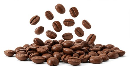 Naklejka premium Pile of roasted arabica beans with some falling down on a plain white surface in studio light