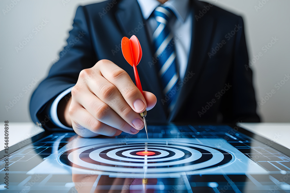Poster businessman holding a red dart aiming at a bullseye on a digital tablet displaying precision and str