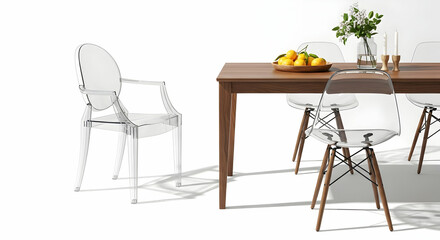 Contemporary Dining Area With Transparent Chairs And Wooden Table Setup