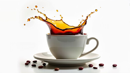 Aromatic coffee splashes out of a white cup, isolated on a clean background. Image is suitable for beverage, cafe, and breakfast concepts.
