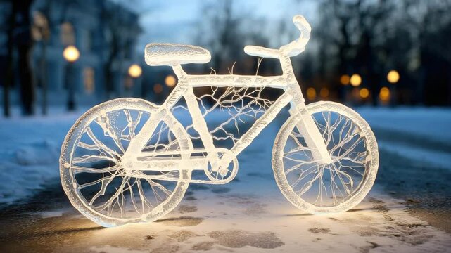 Winter ice bike on snowy road in evening time