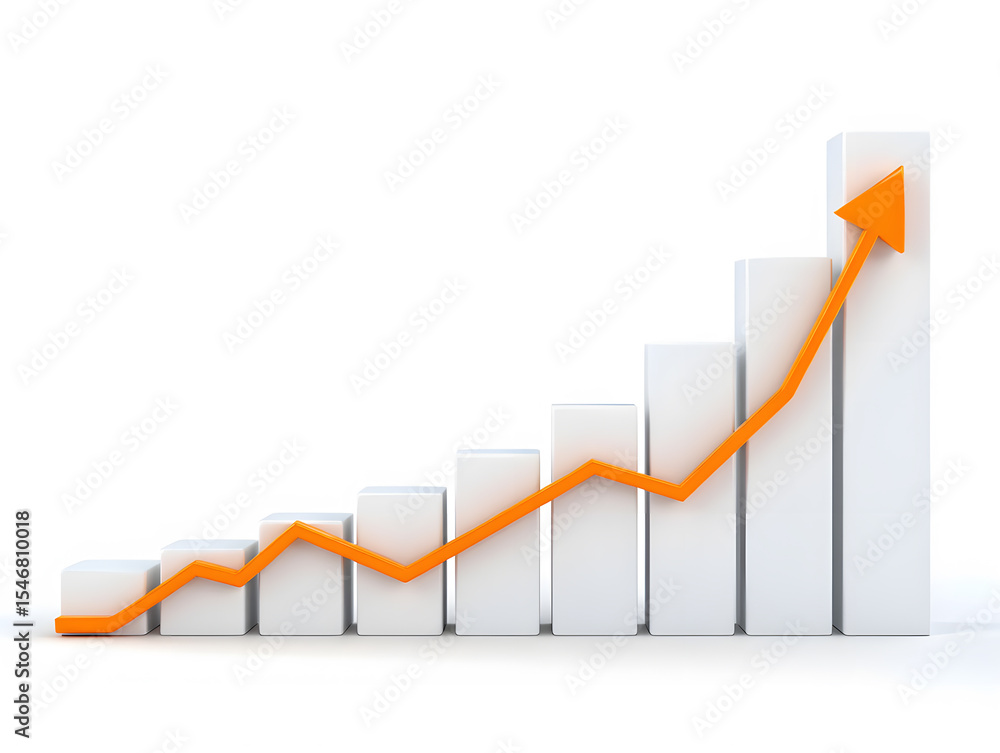 Poster ascending bar graph with orange arrow visualizing growth and progress in business and finance, demon