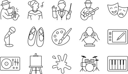 Performing and Creative Arts Stroke Icon Collection. Containing Music, Dance, Theater, Painting, and more. Editable Outline Vector Icons Set.