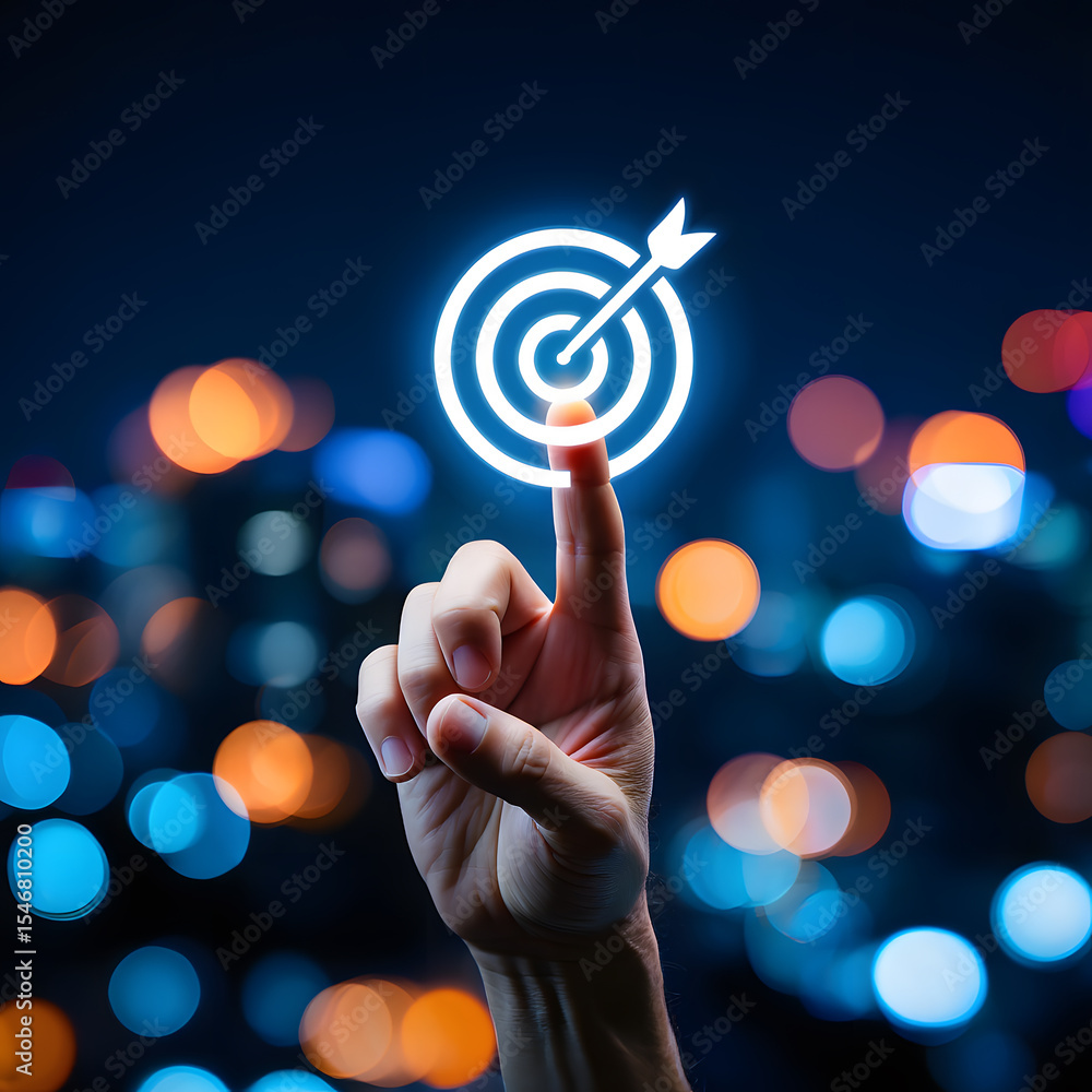 Poster digital target icon on fingertip symbolizing precision and focus in achieving goals with blurred cit