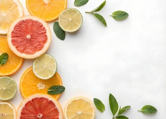 white background with sliced citrus fruits on left and right sides, bright top light, photorealistic, fresh style