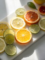 white background with sliced citrus fruits on left and right sides, bright top light, photorealistic, fresh style