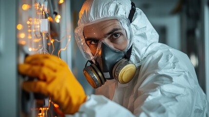 An individual in a full protective suit and mask carefully inspects electrical machinery, showcasing the importance of safety in hazardous environments during maintenance.
