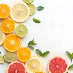 white background with sliced citrus fruits on left and right sides, bright top light, photorealistic, fresh style