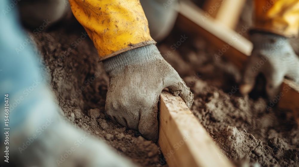 Poster a construction worker is actively engaged in shaping a fresh batch of wet concrete, demonstrating ha