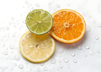 white background with sliced citrus fruits on left and right sides, bright top light, photorealistic, fresh style