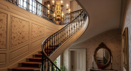 Grand Staircase With Ornate Chandelier In An Elegant Home Interior © DEDEK