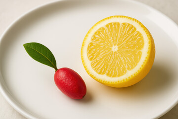 Citrus Symphony: A vibrant half lemon next to a small carissa carandas on a clean white plate create a study in contrasts and deliciousness.