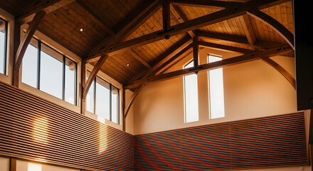 Sophisticated Interior With Vaulted Ceiling Featuring Wood Beams And Natural Light