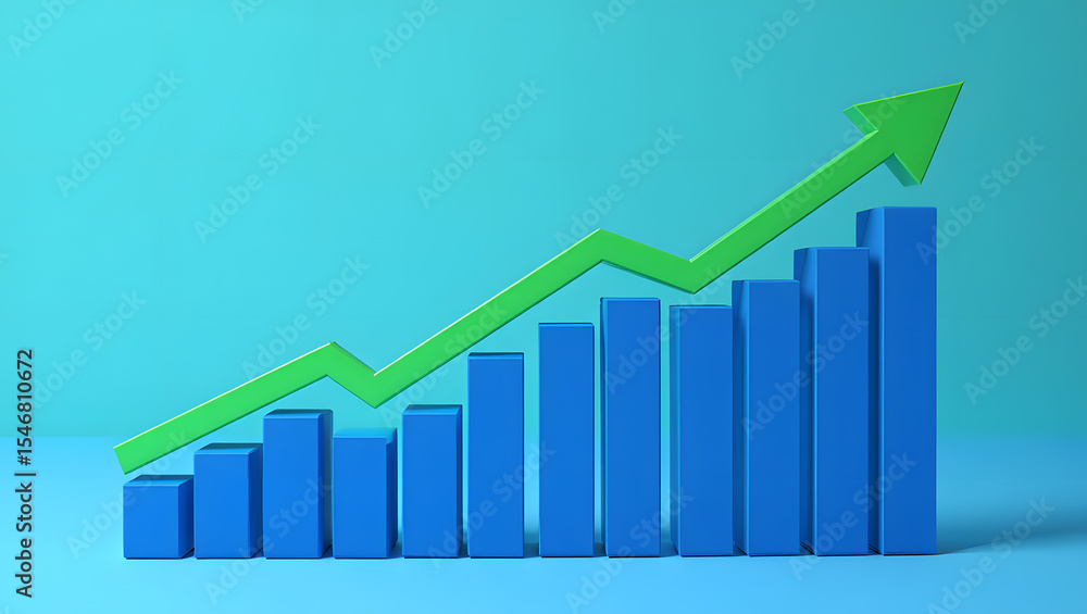 Poster upward trend a bar graph with an ascending green arrow symbolizing growth and progress on a light bl