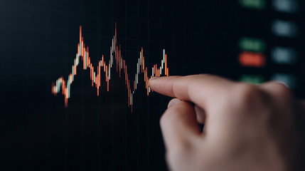 Stock Market Analysis: Hand points to a fluctuating line graph on a digital screen, highlighting trends in data visualization for financial insights.