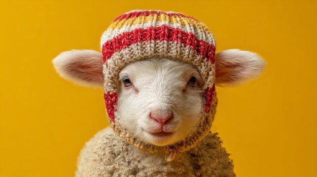 Cute lamb in hat portrait on yellow background adorable animal photography farm animal baby sheep photo 100 char - Powered by Adobe