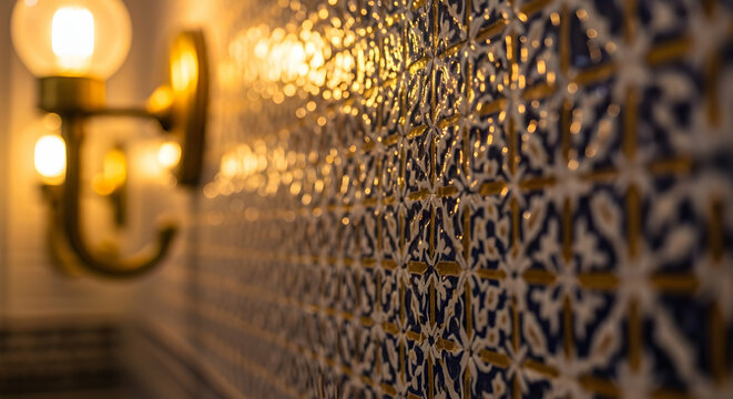 Elaborate Patterned Tiles Illuminated by Warm Glowing Light Fixture