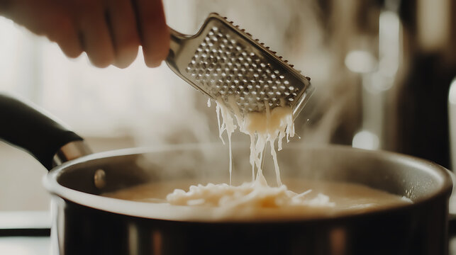 Grated food falling into a pot of cooking broth, showing kitchen activity. Steam rises as the cheese is shredded into the hot liquid.