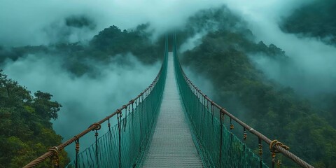 Fototapeta premium Suspension Bridge Over Misty Forest Mountains in Green and Blue Tones