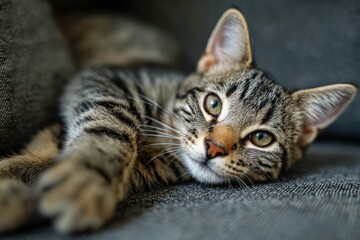 Curious Tabby Cat Relaxing Indoors, Looking Directly at Camera, Detailed Fur Pattern, Close-Up Portrait, Concept of Pet Care, Feline Companionship, and Domestic Animals