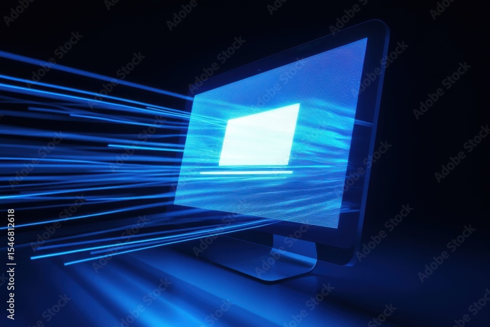Fototapete Loading screen on computer monitor with vibrant blue light effects creating a dynamic visual experience, Loading Screen On Computer Monitor