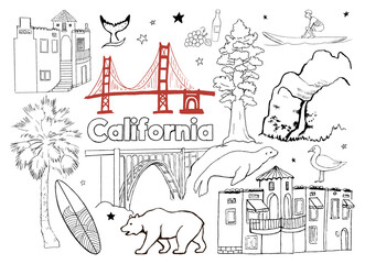 Hand-drawn California-themed vector illustration with iconic landmarks, wildlife, nature, and lifestyle elements like the Golden Gate, surfer, bear, and redwood