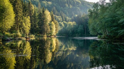 Fototapeta premium Golden sunlight dances on a tranquil forest lake, mirroring nature's quiet beauty 
