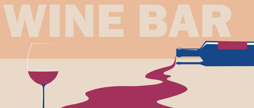Wine bottle fell, wine spilled, wine glass, vector flat design. Poster for bar, alcoholism and drunkenness illustration, wine list design, red wine, merlot, chardonnay