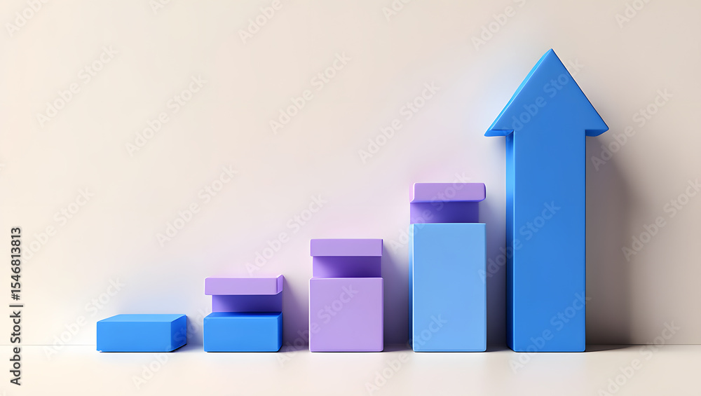 Poster stylized bar graph with ascending columns and arrow on a light background, representing growth and p