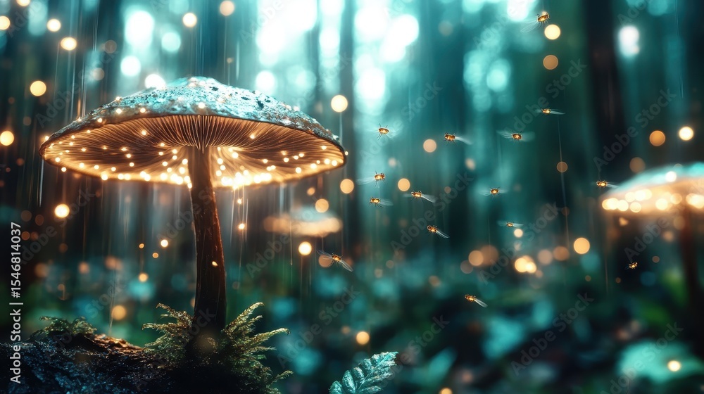 Poster a mystical forest scene featuring a glowing mushroom illuminated by soft light and surrounded by enc