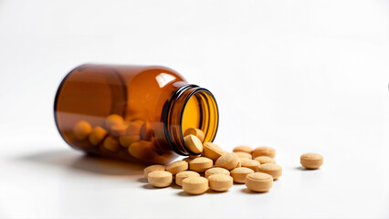 An open brown glass jar with fresh brown pills spilled on a white isolated background. The image is suitable for illustrating pharmaceutical, supplement, or medication concepts.