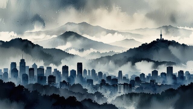 Stylized Korean Ink Brushwork Landscape Featuring Seoul City
