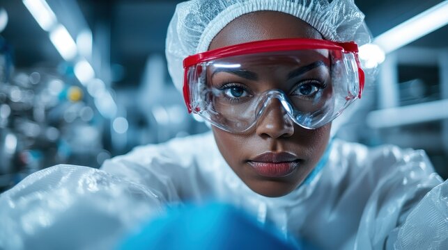 A focused scientist in protective eyewear and lab gear intently looks toward the camera in a laboratory setting, symbolizing dedication to scientific research and innovation.