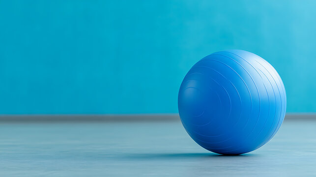 A blue exercise ball sits on a blue-grey floor against a blue wall, suggesting a fitness or wellness context. The focus is on the equipment used for workouts.