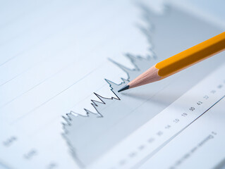 Close-up of a Pencil Pointing to a Line Graph on Paper, Representing Data Analysis and Financial Tracking, a Tool for Strategic Planning and Decision-Making in Business and Investment