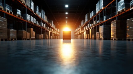 Fototapeta premium An expansive warehouse corridor illuminated by golden sunlight creates a dramatic effect, symbolizing the hard work and organization required in logistics and shipping operations.