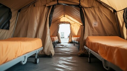 The interior of an emergency tent showcases basic sleeping arrangements with orange bedding, highlighting the resilience and preparedness in emergencies and humanitarian efforts.