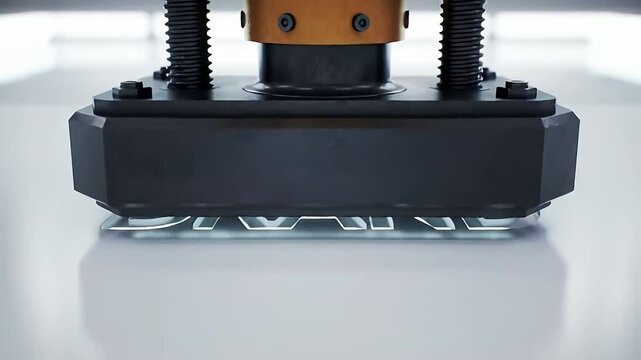 Mechanical press carves "BRAND" into surface, showcasing creation, identity, and branding process