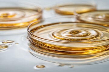 Close-Up View of Golden Liquid Ripples in Circular Glass Bowls on a Smooth White Surface, Concept of Science, Skincare, and Beverage Industries
