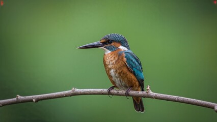 Fototapeta premium Kingfisher bird perched on tree branch blurry green background, 